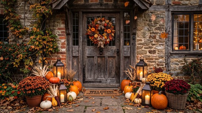 Autumnal porch, fall decorations, pumpkin display, welcoming entrance, seasonal decor
