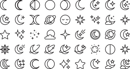 Moon phases and stars line art icon set night sky astronomy elements collection isolated on white background vector illustration © MdRubel