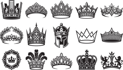 Royal crowns and tiaras black and white icon set king queen luxury heraldic symbols collection isolated on white background vector illustration © MdRubel
