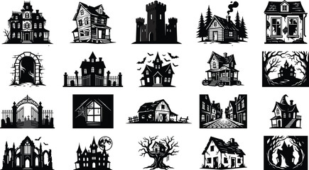 Fototapeta premium Spooky haunted house and halloween castle silhouette set scary winter cabin barn gate treehouse and cemetery elements collection isolated on white background vector