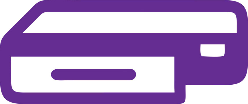 Purple flat of a rectangular electronic device or external hard drive with a port and a button, isolated on a clean white background