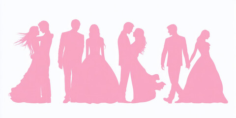 Fototapeta premium Romantic Pink Wedding Silhouettes: Embracing, Posing, and Walking Couples in Elegant Attire on White Background