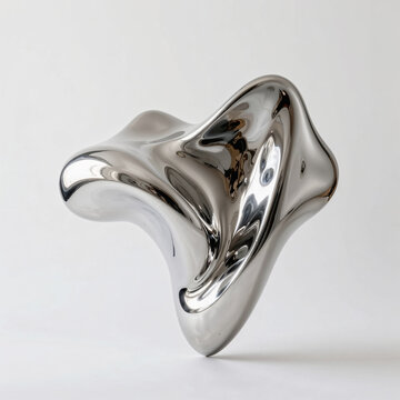 Floating biomorphic metallic sculpture with polished silver chrome texture, fluid asymmetrical curves, luxury modern decor concept, seamless white studio environment, soft natural lighting, premium pr