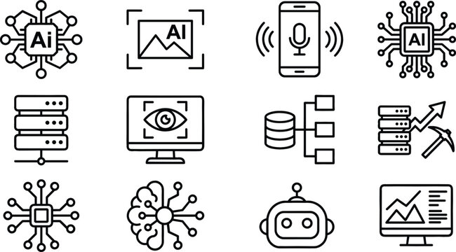 Artificial Intelligence and Machine Learning Line Icon Set with Neural Networks Computer Vision and Data Mining Tech Vectors
