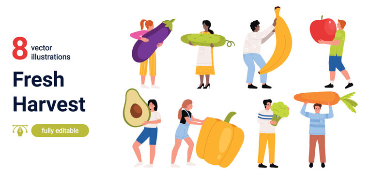 Collection of people carrying oversized eggplant, cucumber, banana, apple, avocado, pepper, broccoli and carrot in a fresh harvest set isolated on white background vector illustration