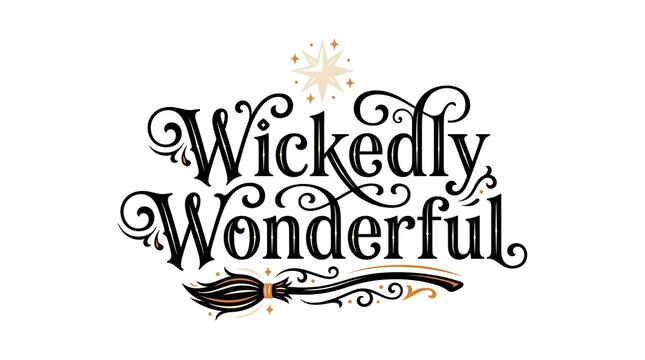 Wickedly Wonderful hand lettering decorative vector illustration with broomstick and star for Hallo