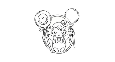Fototapeta premium Cute Baby Girl with Balloon and Lollipop in Decorative Frame