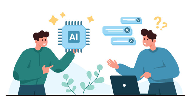 Two men discuss artificial intelligence adoption as one presents an AI chip while the other faces laptop errors and questions, showing digital problem solving in business vector illustration