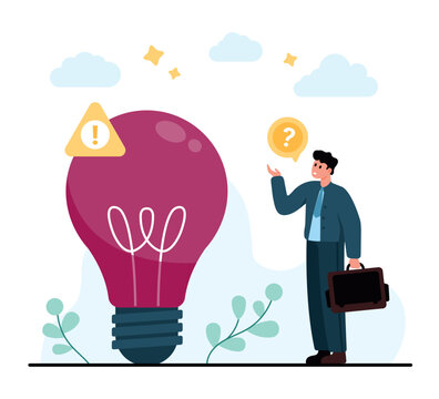 Businessman with briefcase beside oversized light bulb, warning sign and question bubble showing risky thinking, confusion, mistake or poor decision isolated on white background vector illustration