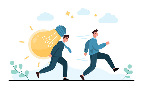 Two businessmen run with a giant light bulb, showing a bad idea concept, failed innovation, startup mistake, and creative problem isolated on white background vector illustration