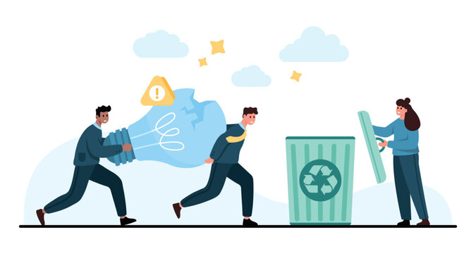 People carry a broken light bulb toward a recycling bin, showing disposal of a failed tech idea, innovation waste, repair challenge, eco responsibility isolated on white background vector illustration