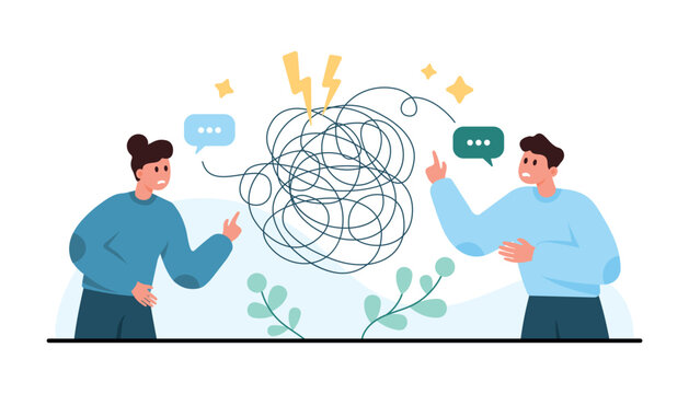 Two people face a confusing conversation with tangled lines, speech bubbles, and tense gestures, showing conflict, mixed signals, communication problems isolated on white vector illustration