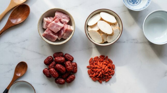 Ingredients Preparation: Pork, Yam, Red Dates, and Goji Berries