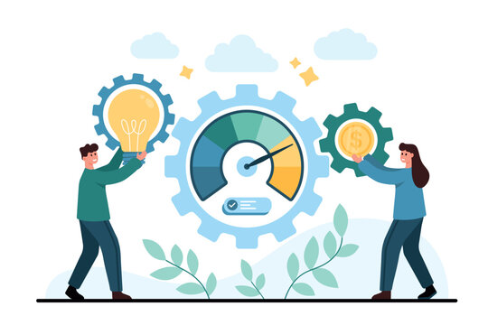 Business monetizing project concept with people holding idea bulb and coin gears around performance gauge, showing growth, strategy, startup revenue isolated on white background vector illustration