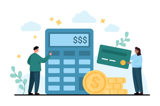 People use a large calculator beside credit card and coins to show budgeting, payment planning, finance management, savings, and money calculations isolated on white background vector illustration