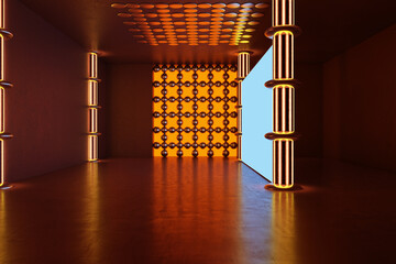 Obraz premium Abstract futuristic interior with glowing neon columns, orange sphere pattern wall and bright doorway in dark empty hall with reflective floor. 3D Rendering