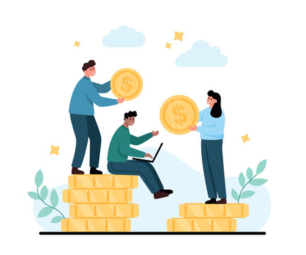 People standing on coin stacks share large dollar coins while one works on a laptop, showing money savings, budgeting, teamwork, finance growth and investment planning isolated vector illustration