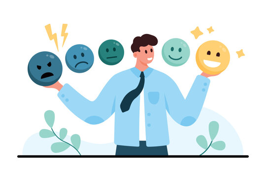 Businessman holding sad neutral and happy emoji faces to show mood, emotions, feedback, satisfaction, rating, mental state and customer response isolated on white background vector illustration
