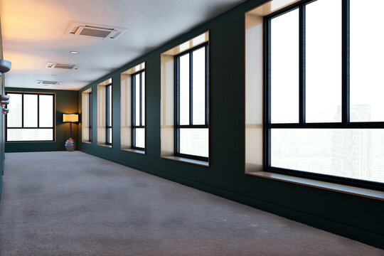 Long empty corridor interior with dark green walls, row of large black framed windows with city view, beige carpet floor and standing lamp. 3D Rendering