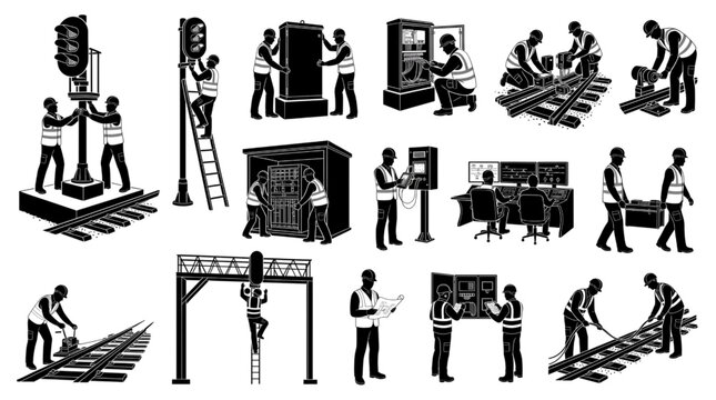 Railway Signaling Engineers Installing Rail Control Systems Black Silhouette Vector Set