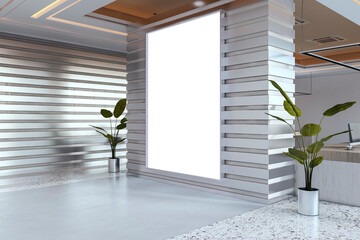 Obraz premium Vertical blank lightbox poster mockup on metal slatted wall in modern lobby interior with green plants and reception desk. 3D Rendering