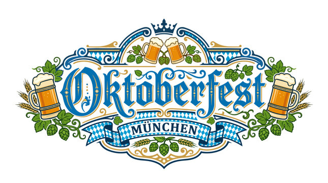 Oktoberfest logo with beer mugs and decorative elements in blue  
