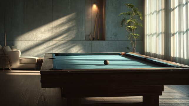 empty billiard table in modern room, side view, soft natural light, minimal environment, ultra detailed 8k