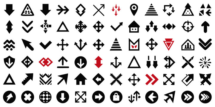 Arrow Icon Set of Black Geometric Symbols with Different Directions, Styles, and Motion Cues for Ui Navigation and Design