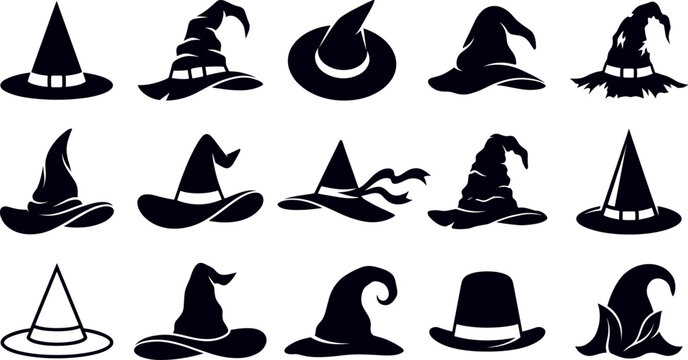Witch hat silhouette set with ribbons halloween wizard sorcerer headwear elements collection isolated on white background vector illustration
