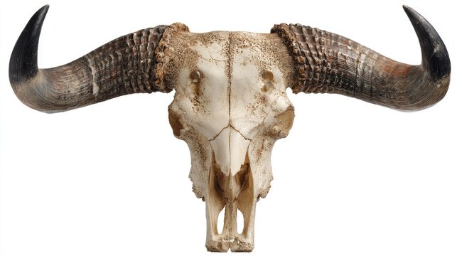 Front view of buffalo skull with large horns on white.