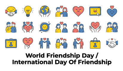 Fototapeta premium Vector Icons Collection for Friendship, Love, Community, and Connection featuring 'World Friendship Day / International Day Of Friendship' Text