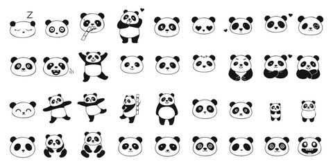 Charming panda bears in various cute poses and activities, simple line art style © Sadhin07