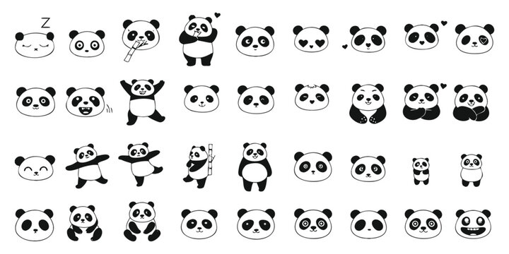 Charming panda bears in various cute poses and activities, simple line art style