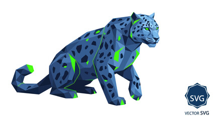 Fototapeta premium Low poly geometric leopard in blue and neon green