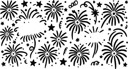 Fototapeta premium A festive vector illustration featuring hand drawn firework bursts with scattered stars and confetti for a vibrant celebratory graphic design
