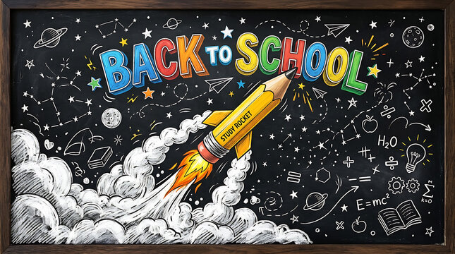Back to School Rocket Pencil Chalkboard Illustration