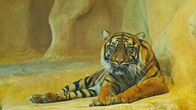 Sumatran Tiger Resting in Zoo Habitat on a Sunny Summer Morning | 4K Wildlife Footage
