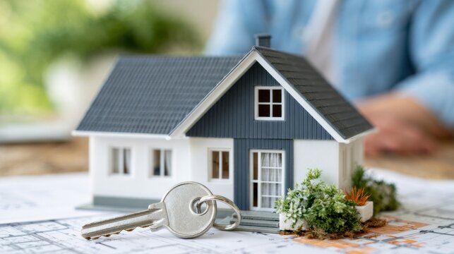 Model house with a key placed on architectural blueprints, showcasing a modern design with greenery in the foreground and a blurred background of a person