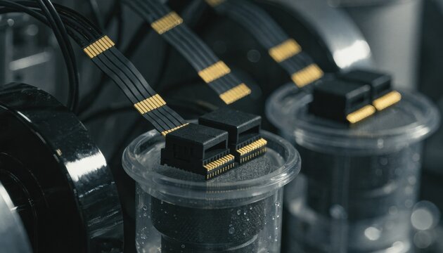 Closeup on lowprofile bottomcontact FPC connectors being inspected for quality assurance during automated production of flexible flat cable components.