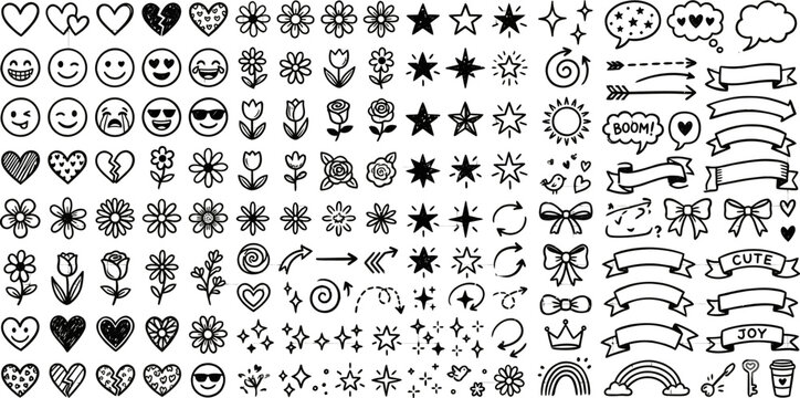 Cute Hand Drawn Doodle Icons Pack &ndash; Hearts, Flowers, Emojis, Stars, Ribbons, Arrows & Decorative Vector Collection