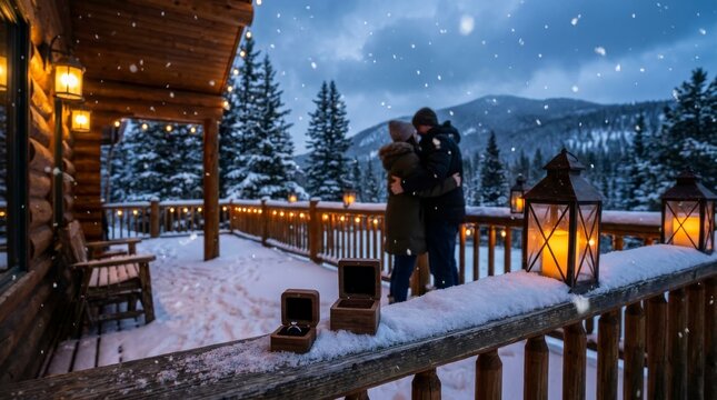 Couple Embracing and Proposing on Snowy Cabin Deck