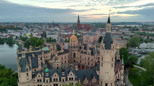 Aerial drone view of Schwerin Castle, Schloss Schwerin, in Schwerin Germany. Neo-Renaissance castle on an island.