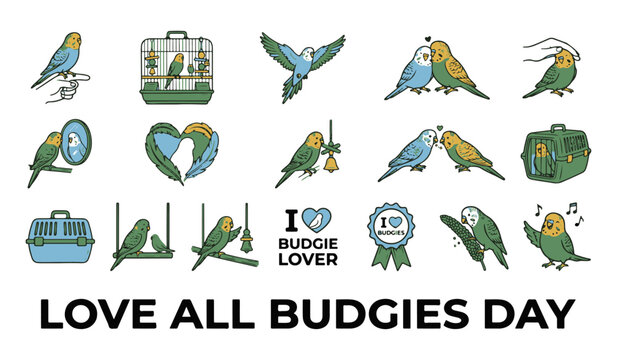 Love All Budgies Day Vector Icon Set with Cute Parakeets, Cages, and Pet Accessories