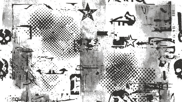 Seamless black and white grunge punk pattern with skulls, stars, and halftone textures. Flat vector EPS 10.