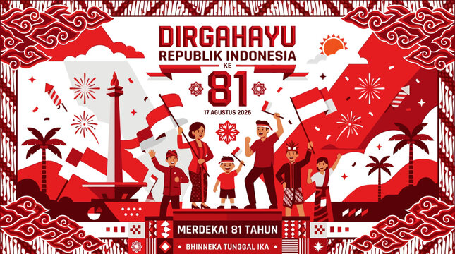 Indonesian Independence Day 81st Anniversary Illustration with National Monument and People in Traditional Costumes