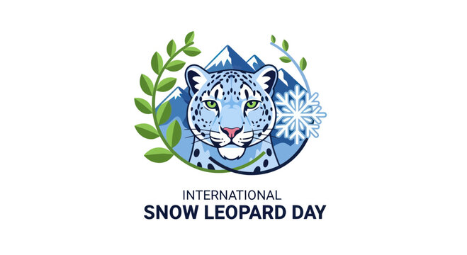 International snow leopard day emblem with feline and mountains