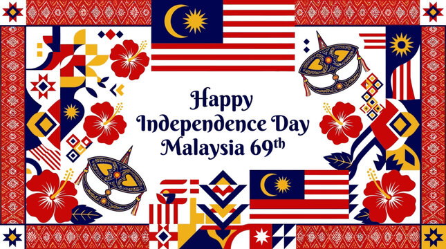 Happy Malaysia 69th Independence Day Celebration Illustration with Flag, Hibiscus, and Wau Bulan Traditional Kite
