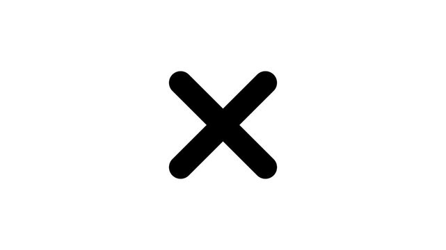 Black cross mark animation. X letter, crossed lines, denial concept, incorrect cross symbol animated red x mark for error or rejection.