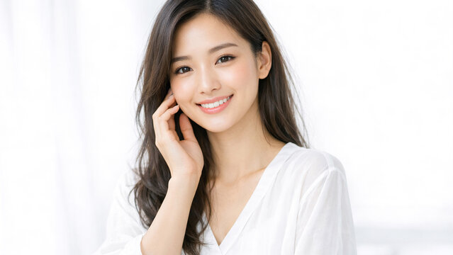 Young, pretty Asian woman smiling at the camera. She is in a white top against a soft blurred background.