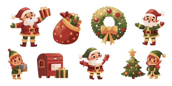 Watercolor christmas elements featuring santa claus elves and festive decorations